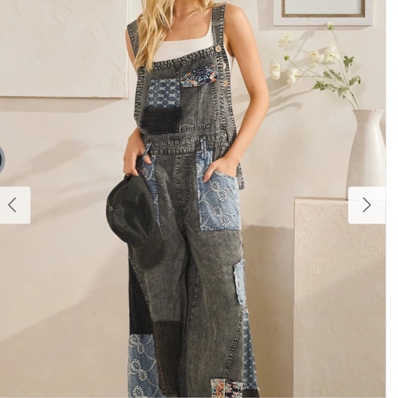 New:Oli & Hali Relaxed Fit Mixed Fabric Print Patchwork Wide Leg Overalls•Large - Picture 3 of 8